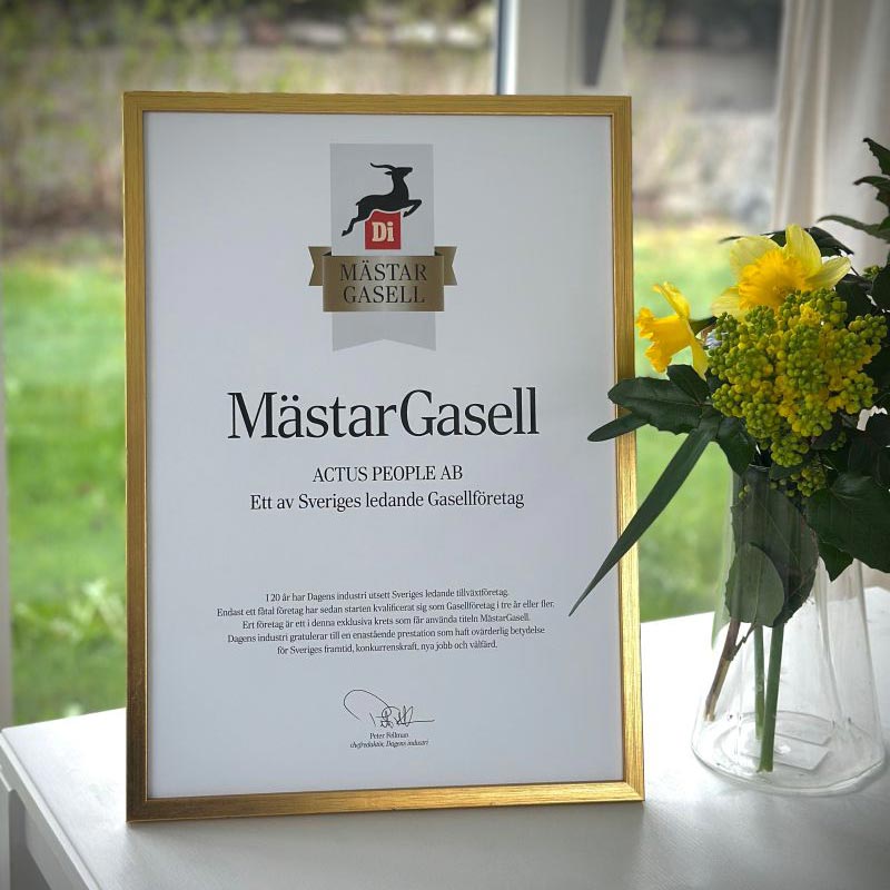 Utmärkelsen MästerGasell inramad i guldram